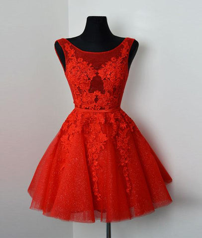 Red V Neck Lace Tulle Short Prom Dress