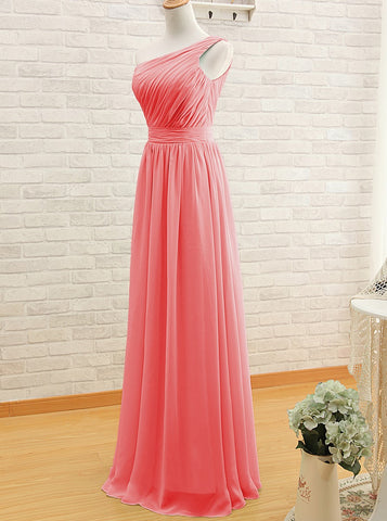  One-shoulder Long Watermelon Bridesmaid Dress