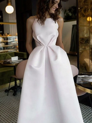 A-Line Ivory Halter Tea-Length Ruffles Satin Prom Dress