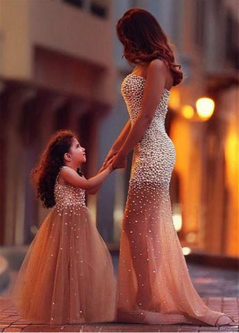  Tulle Sweetheart Neckline See-through Sheath/Column Evening/Mother and Daughter Dress With Beadings