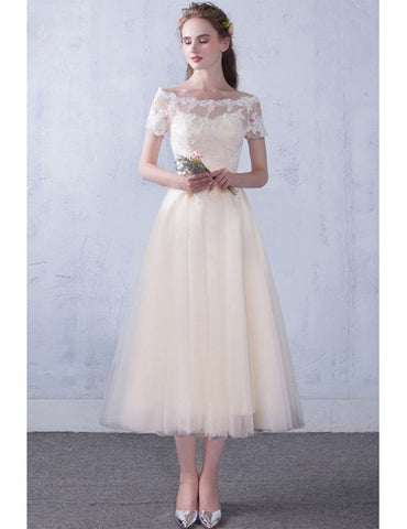 Short Sleeve Champagne Off The Shoulder Tea Length Wedding Dress