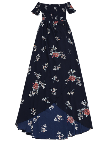 Off Shoulder Floral Shirred Asymmetric Maxi Dress