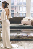 V Neck Floor Length Satin Cap Sleeve Sheath Column Wedding Dress