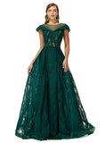 Green Cap Sleeves Scoop Lace A Line Detachable Train Prom Formal Dress