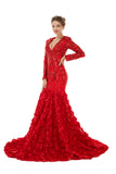 Red Long Sleeves 3D Rose Flowers Trumpet Mermaid Formal Prom Dress