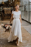 Short Sleeve Two Piece Lace High Low Wedding Dress