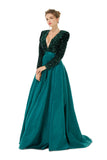 Dark Green Long Sleeves Sequin & Satin A Line Sexy Prom Formal Dress