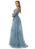 Luxury Blue Beading Long Sleeve Sheer Detachable Train Prom Dress