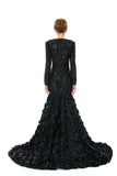 Long Sleeves V Neck Black Trumpet Mermaid Rose Sequin Prom Formal Dress