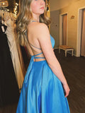 Satin A Line Light Blue Prom Dress With Slit