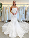 Trumpet Mermaid Tulle Applique Cathedral Train Wedding Dress
