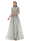 Gray Long Sleeves High Neck A Line Detachable Train Prom Formal Dress