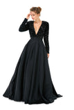 Black Long Sleeves Sequin & Satin A Line Sexy Prom Formal Dress