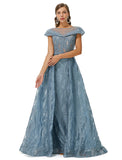 Blue Cap Sleeves Scoop Lace A Line Detachable Train Prom Formal Dress