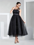 Black Tea Length One Shoulder Tulle Polka Dot Prom Formal Dress