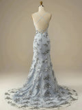 V Neck Mermaid Silver Gray Appliques Prom Dress