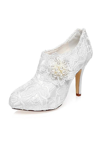 Charming Satin & Lace Upper Closed Toe Stiletto Heels Wedding Shoes With Pearls