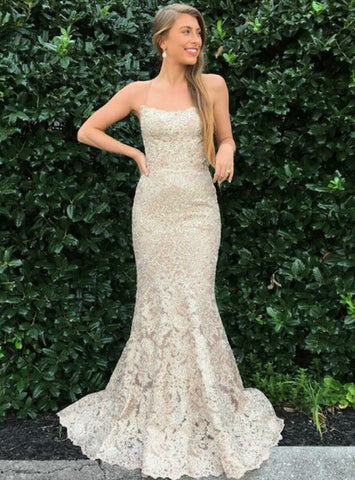 Long Champagne Mermaid Lace Spaghetti Straps Prom Dress