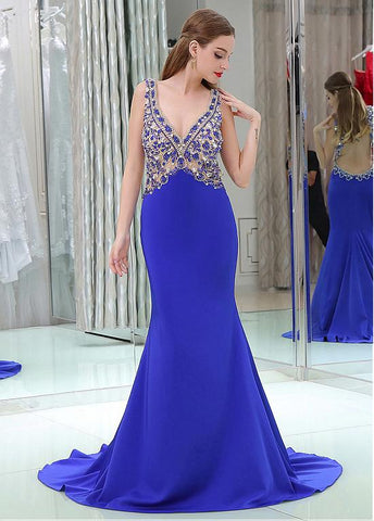 Tulle & Linen V-neck Neckline Cut-out Mermaid Prom Dresses With Beadings
