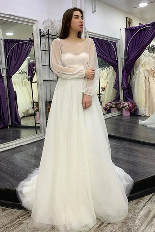Pearls A Line Tulle Long Sleeve Two Piece Wedding Dress