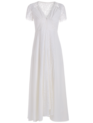 White Front Zippered Lace Panel Maxi Dress