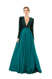 Dark Green Long Sleeves Sequin & Satin A Line Sexy Prom Formal Dress