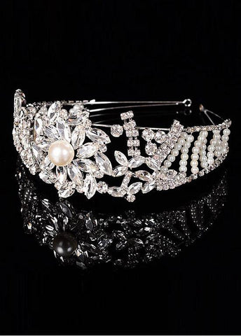 Sparkling Silver-plated Alloy Tiara With Rhinestones & Pearls