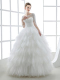 Beading Flowers Tiered Tulle 3/4 Length Sleeve Wedding Dress