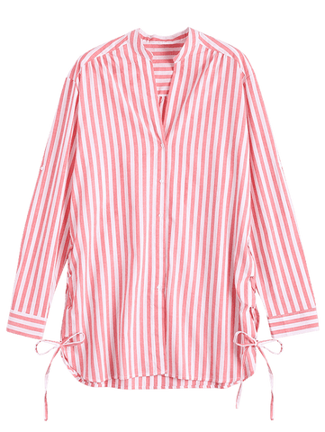 Pink Side Lace Up Longline Striped Shirt