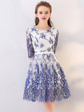 Blue Half Sleeves Scoop Lace Homecoming Dress