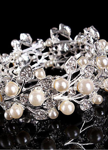 Silver-plated Alloy Bracelets With Rhinestones & Pearls