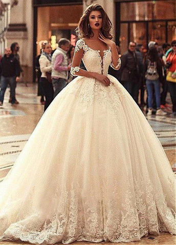 Beading Tulle Scoop Long Sleeves Ball Gown Wedding Dress