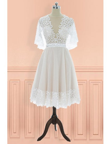 Vintage V-neck Lace Knee Length Wedding Dress with Sleeves