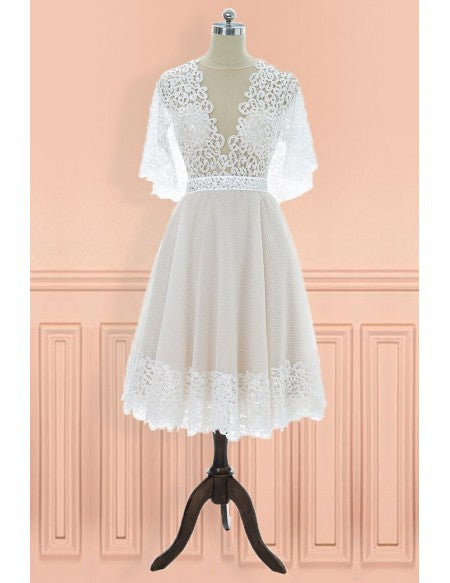 2020 Vintage V-neck Lace Knee Length Wedding Dress with Sleeves –  Sassymyprom
