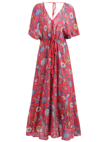 Patterned Plunging Neck Tied Drawstring Maxi Dress