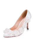 Sweet Satin Upper Closed Toe Stiletto Heels Wedding/ Bridal Party Shoes With Flowers & Pearls