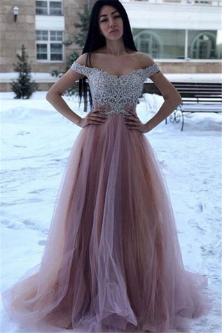 Champagne Appliques Off-The-Shoulder A-Line Tulle Prom Dress