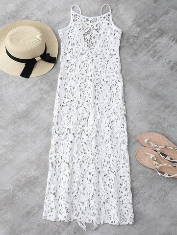 White Sheer Crochet Lace Midi Slip Dress