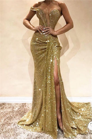 Sequins Gold Mermaid One Shoulder Side Slit Long Prom Dress