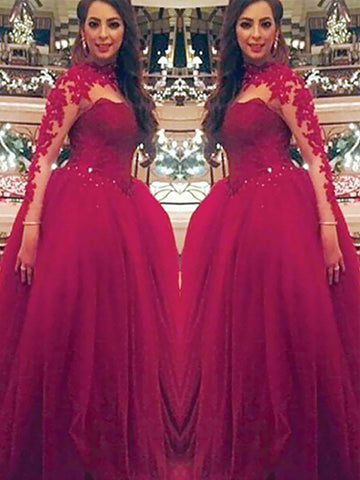 Ball Gown Long Sleeves Burgundy Applique PromDress