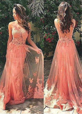 Coral Sheath Evening Dresses With Lace Appliques