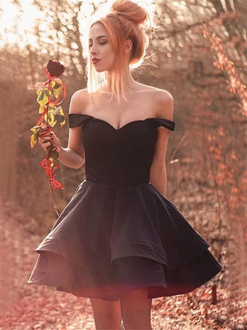 Black Princess Spandex Ruffles Off-the-Shoulder Short/Mini Homecoming Dress