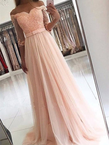 3/4 Sleeves Off-the-Shoulder Tulle Sash Prom Dress