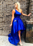 One Shoulder Royal Blue Satin Prom Dress With Pocket 