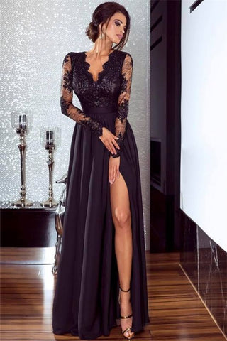 Cheap Black Lace V-neck Long Sleeve Appliques Prom Dress With Slit