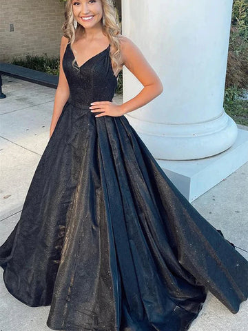 Black Open Back A Line Sequin Sexy Prom Dress