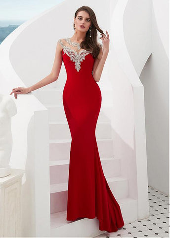 Tulle & Satin Jewel Red Beading Mermaid Evening Dress