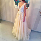 V-Neck Light Champagne Tulle Wedding Dress with Beading Appliques
