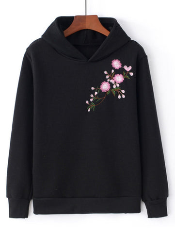 Black Long Sleeve Floral Embroidered Hoodie