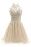 Beaded Halter Homecoming Dress Short Tulle Prom Dress